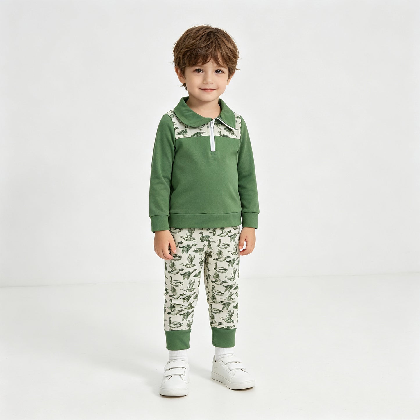 NEW RTS NO MOQ milk silk BLP1449 Baby Boys Duck Hunting Print Long Sleeve Zip Pullover Top With Side Pockets Jogger Pants Set