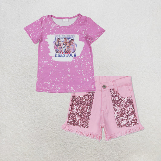 RTS NO MOQ milk silk GT0539+SS0230 Baby Girls Pink Bleached Eras Short Sleeve Tee Shirts Tops Pink Sequin Denim Shorts Set