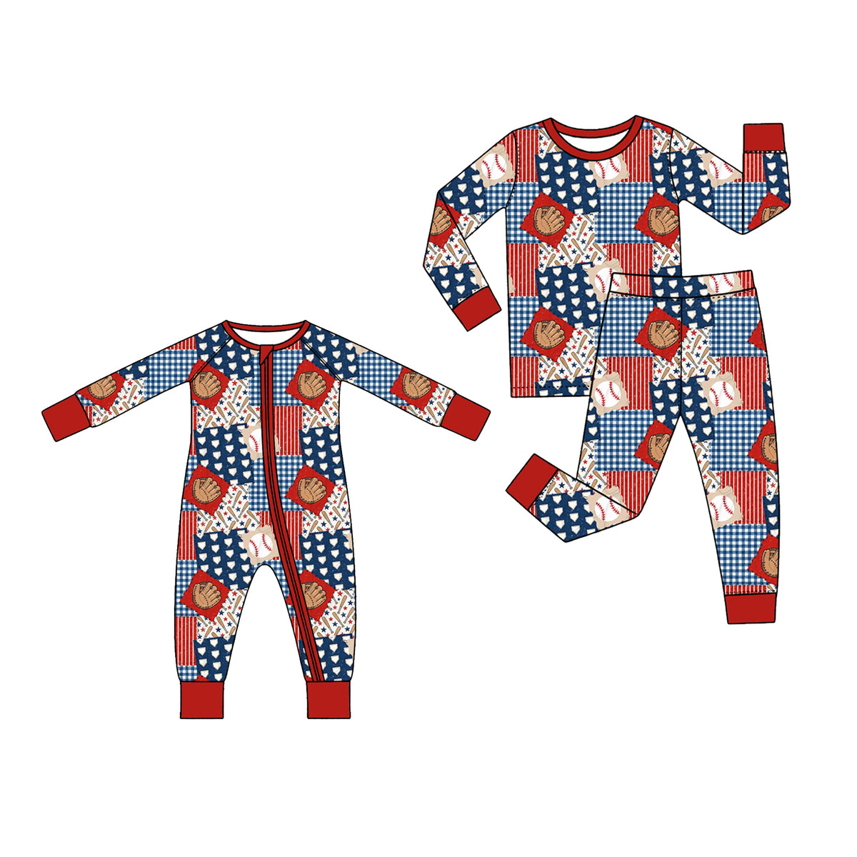 (Preorder new) No moq Baby Boys Red Navy Patchwork Baseball Print Zipper Romper And Long Sleeve Pajama Set