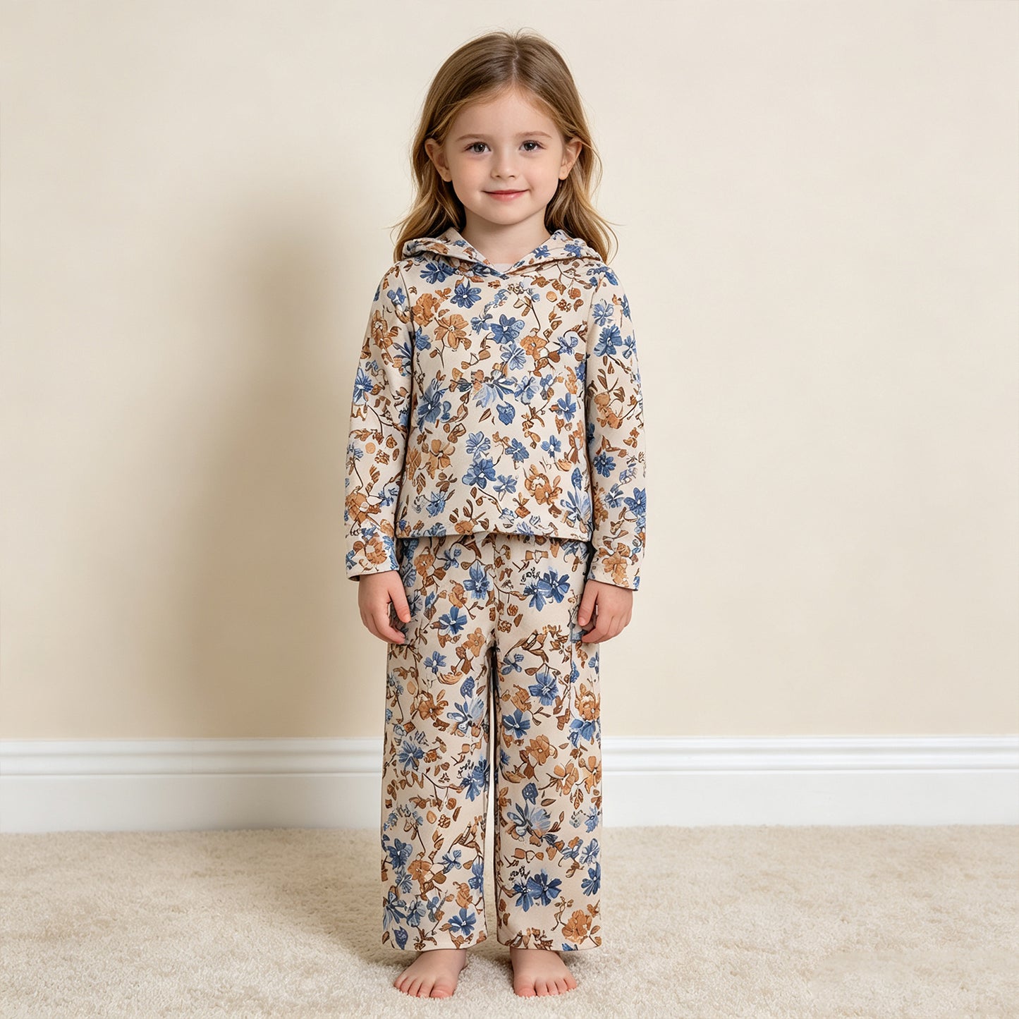 NEW RTS NO MOQ milk silk GLP3323 Toddler Girls Colorful Floral Print Zip Hoodie With Pockets Straight Leg Pants Two Piece Outfit Set