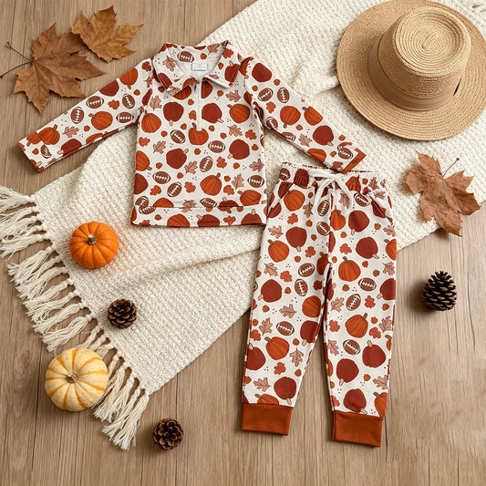 (Sample) No moq milk silk BLP1573（BT1894+P1197）Baby Boys Pumpkin Football Leaf Print Half Zip Collar Long Sleeve Top Jogger Pant Set