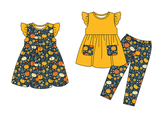 25.5.9 custom each style moq 5eta 4-6week Sibling Sister floral pumpkin baby girl pants sets and dress match family design