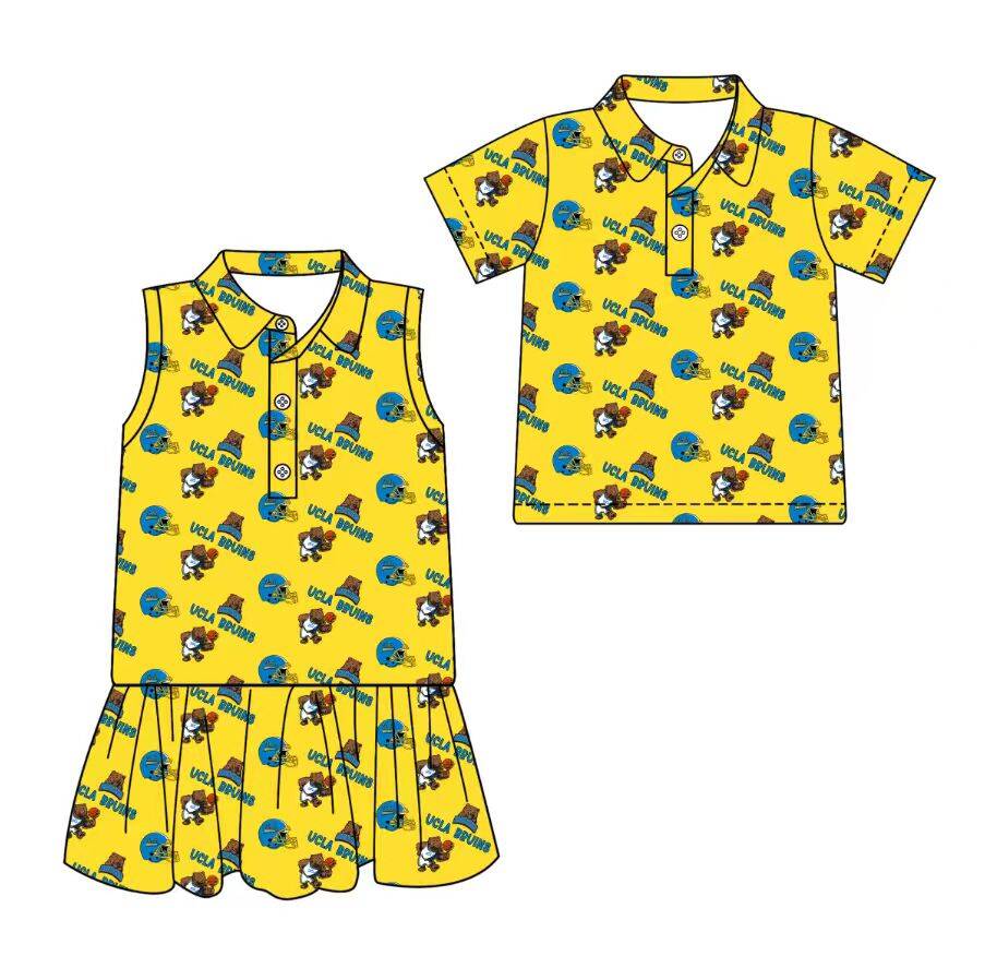 Custom moq 5 mix size milk silk summer teams Yellow Sleeveless Dress for Baby Girl Short-Sleeved Polo Shirt for Boy