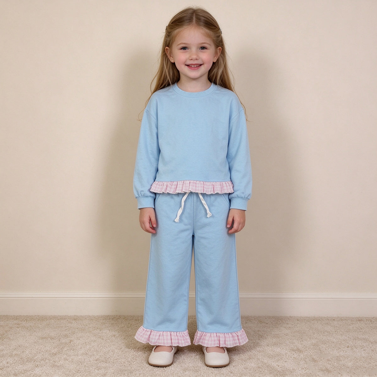 NEW RTS NO MOQ milk silk GLP3753 Baby Girls Light Blue Long Sleeve Top Ruffle Pant Casual Set