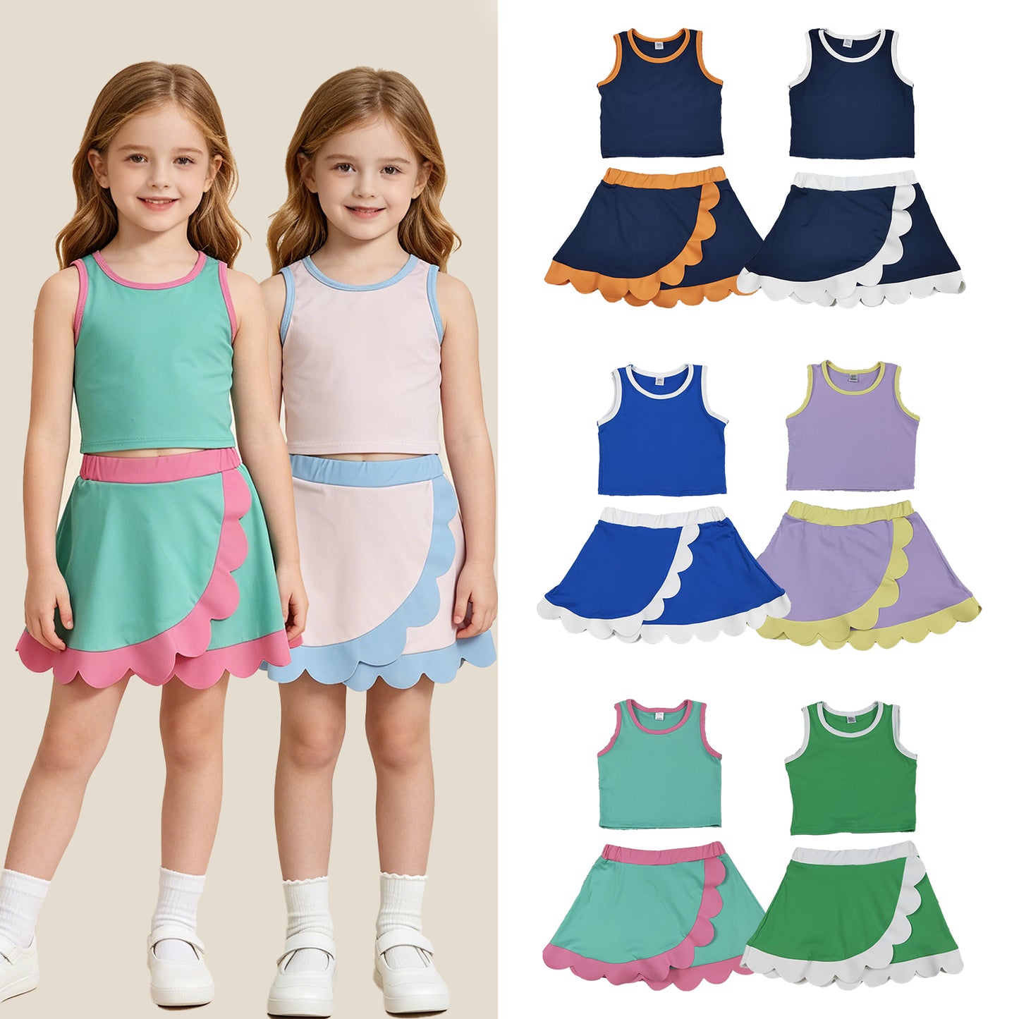 RTS NO MOQ Sibling yoga fabric cotton Baby Girls Solid Color Sleeveless Top Scallop Skirt Short Yoga Casual Sports Outfit Set