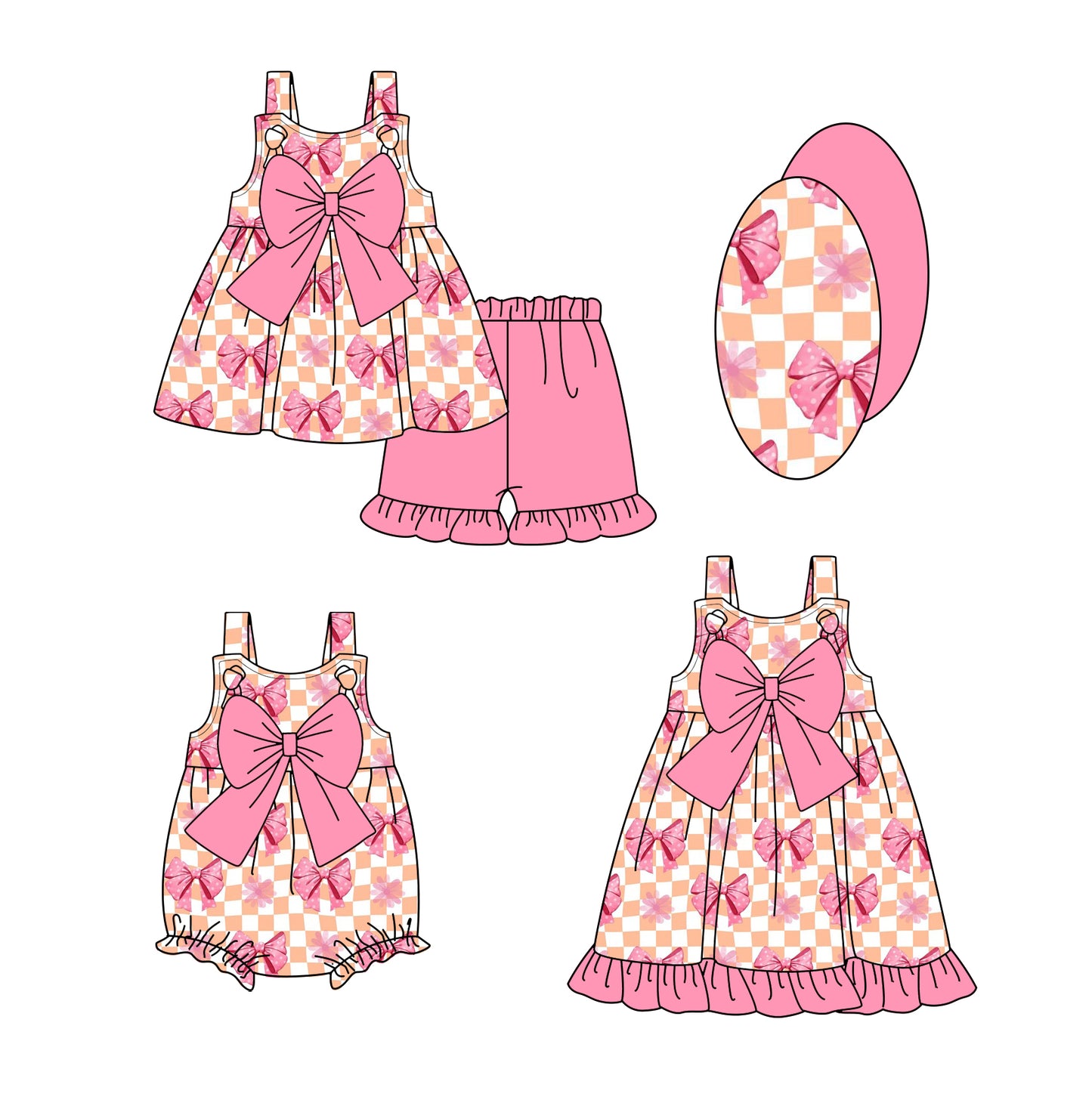 3.3 custom each style moq 5eta 4-6week Sibling Sister bow plaid' baby girl short sleeve shorts sets and dress and rompers match family design
