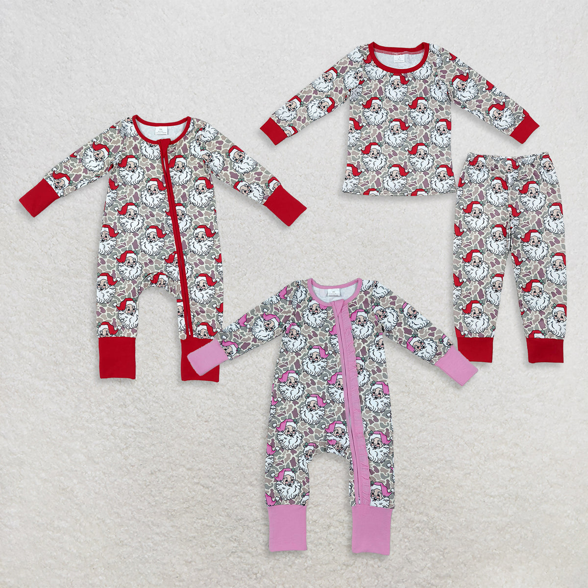 RTS NO MOQ Sibling milk silk Baby Girls And Boys Santa Camo Print Christmas Zipper Romper And Sibling Matching Pajama Set