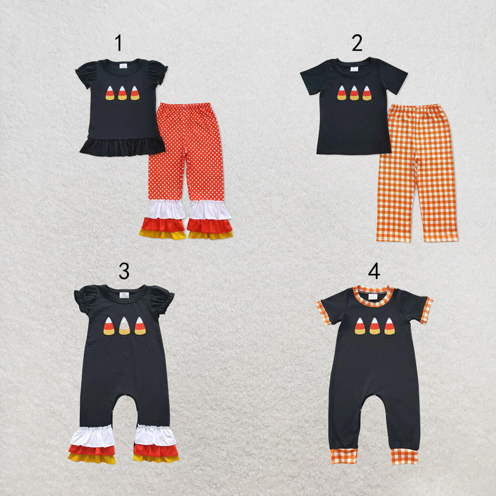RTS NO MOQ Sibling milk silk Embroidery Baby Boys Girls Halloween Candy Short Sleeve Top Pants Casual Sets Rompers