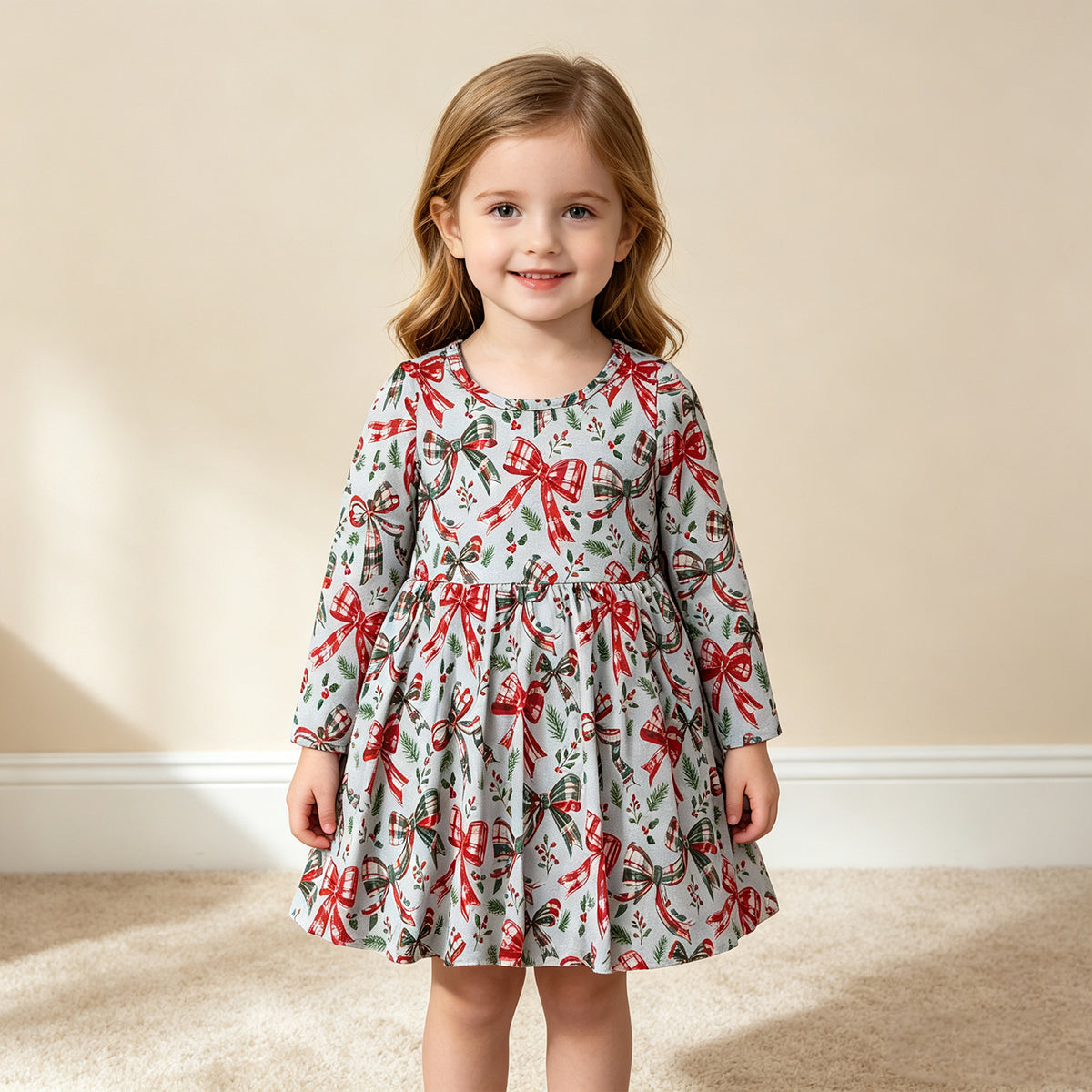 NEW RTS NO MOQ milk silk GLD1709  Baby Girls Green Red Plaid Check Print Bow Floral Long Sleeve Knee Length Christmas Casual Dress