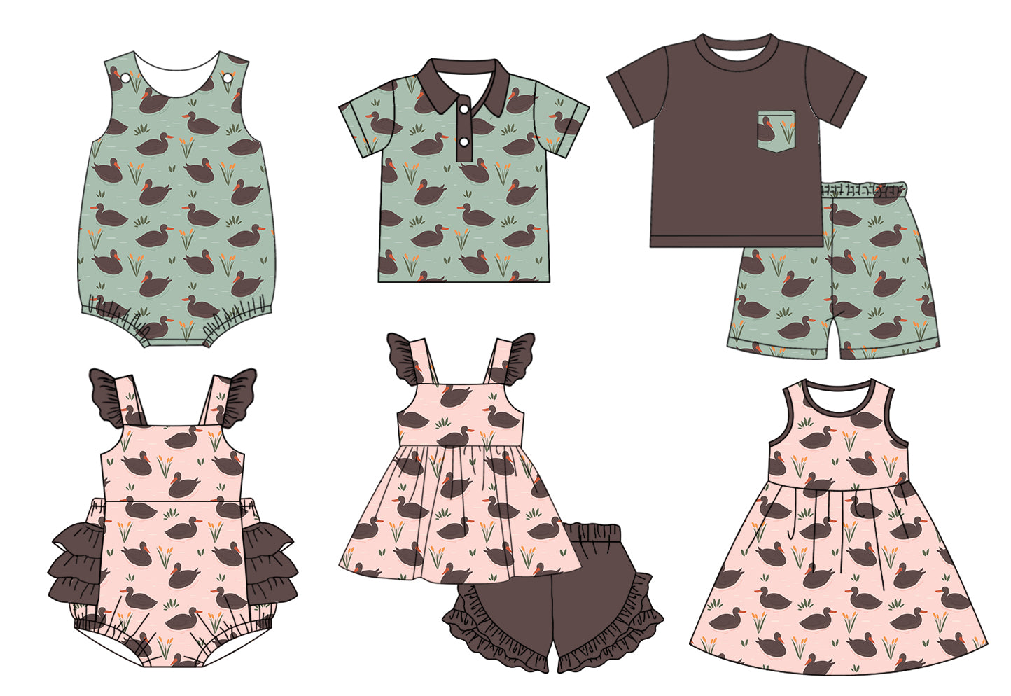 11.21 custom each style moq 5eta 4-6week Sibling Sister duck baby girl short sleeve shorts sets and sets 2 and girls romper and boy romper and dress and top match design