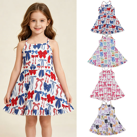 RTS NO MOQ Sibling Baby Girls Cute Colorful Bow Strap Yoga Ruffle Knee Length Dress