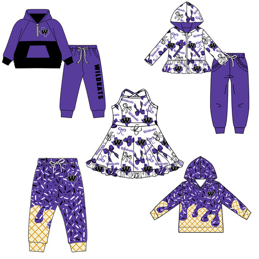 Custom moq 5 mix size milk silk summer teams baby girls clothes bow purple hooded long sleeve pants sets and boy sets and dress and hooded top and pant-25.8.18