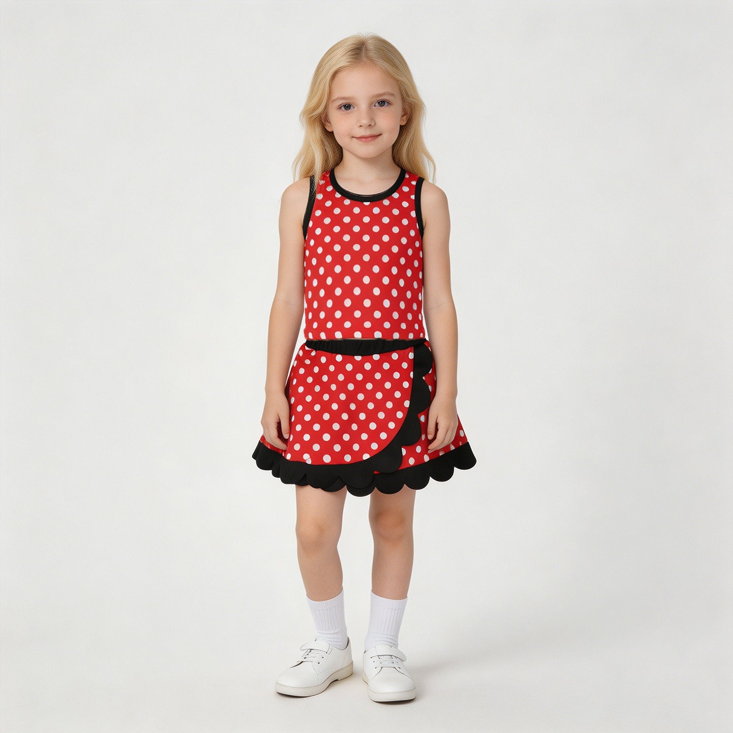 RTS NO MOQ yoga fabric GSD4080 Baby Girls Cute Red Polka Dot Sleeveless Vest Scallop Skort Active Set