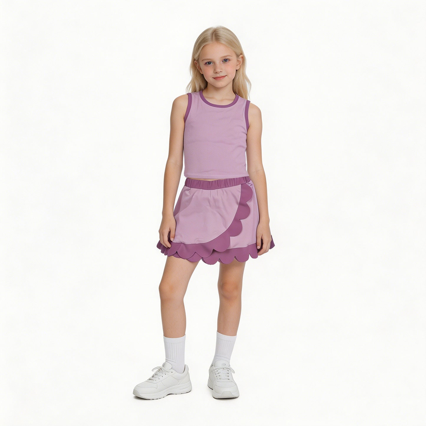 RTS NO MOQ yoga fabric cotton GSD4085 Baby Girls Cute Pink Sleeveless Vest Scallop Skirt Active Set