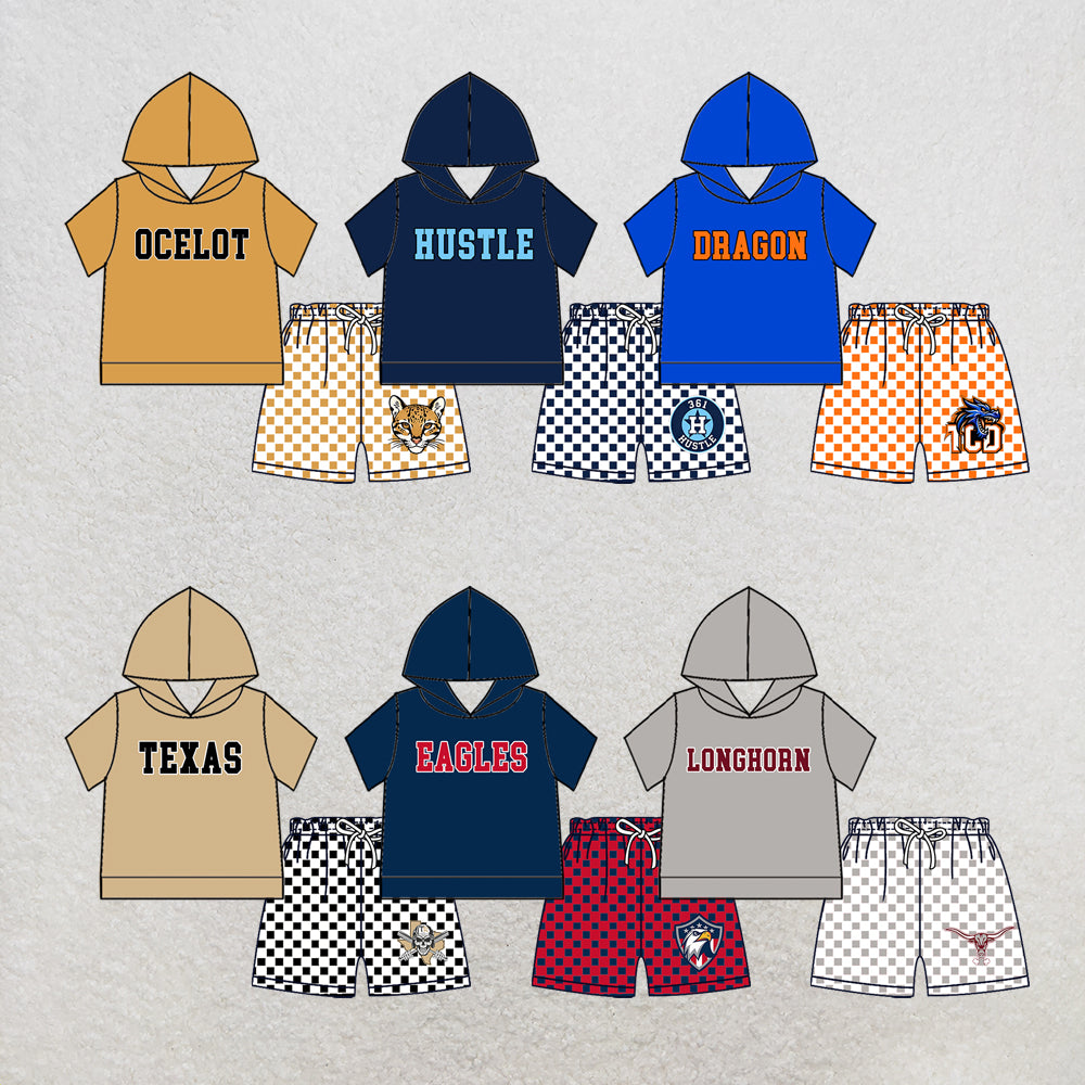 custom moq 5 mix size MSD071006 Baby Kids Short Sleeve Hooded Top Checked Elastic Waist Shorts Team Clothes Set