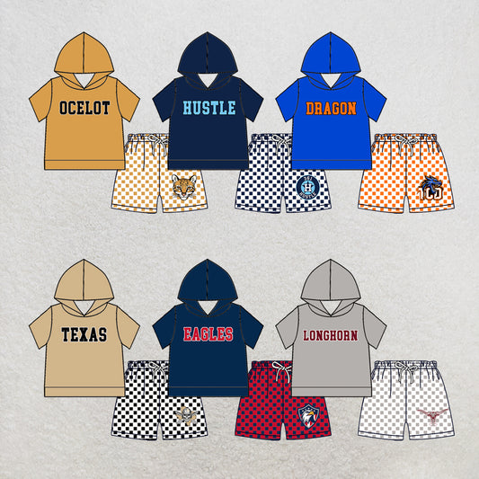 custom moq 5 mix size MSD071006 Baby Kids Short Sleeve Hooded Top Checked Elastic Waist Shorts Team Clothes Set