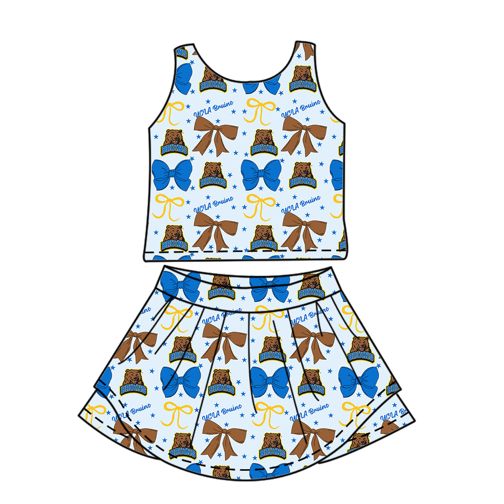 Custom moq 5 mix size milk silk summer teams baby girls clothes team bow blue sleeveless skirts sets and dress 1 and dress 2 and dress 3-25.6.25