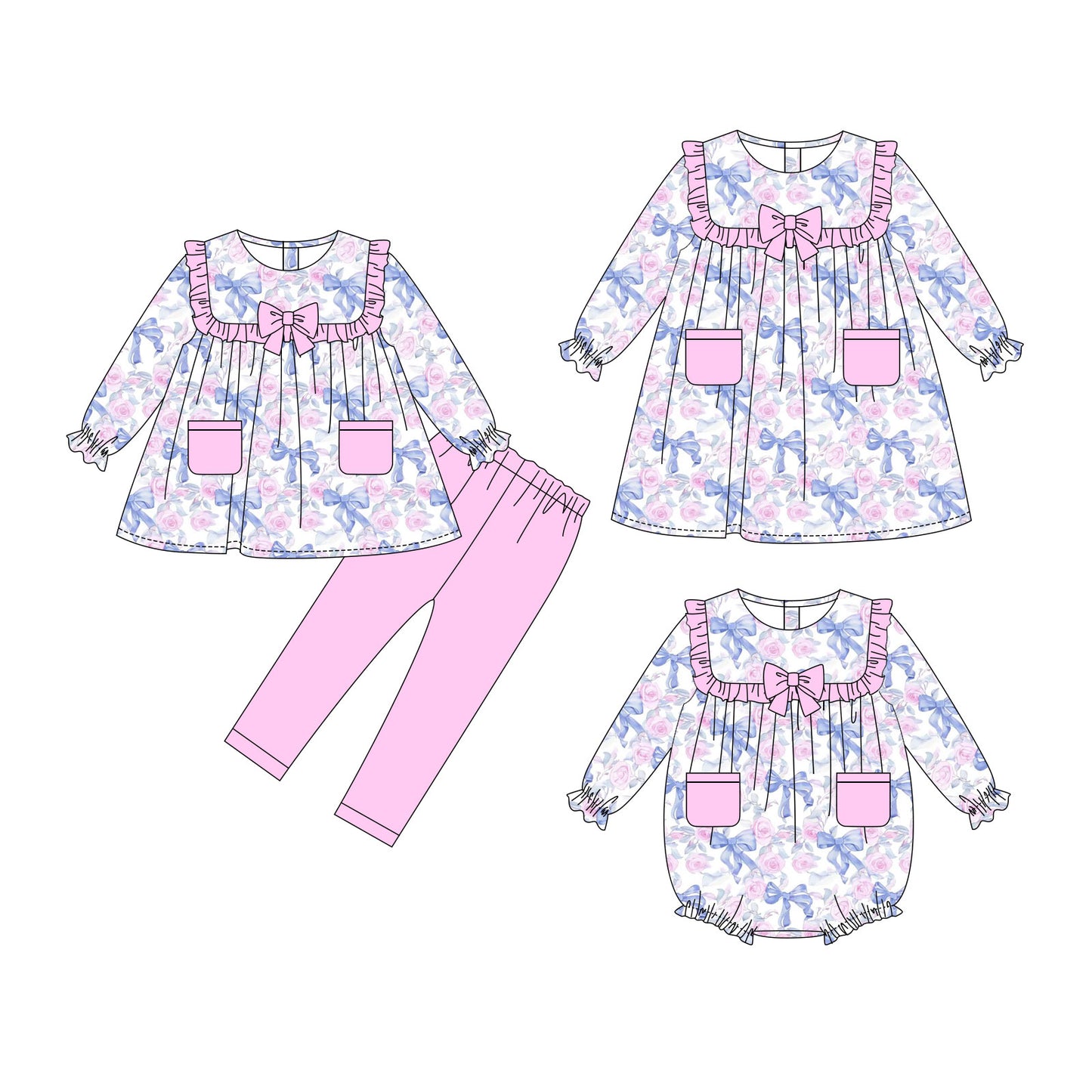 25.10.4 custom each style moq 8 eta 6-8week Sibling Sisters bow floral baby girl long sleeve pants sets and dress and rompers match family design
