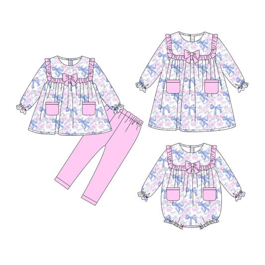 25.10.4 custom each style moq 8 eta 6-8week Sibling Sisters bow floral baby girl long sleeve pants sets and dress and rompers match family design