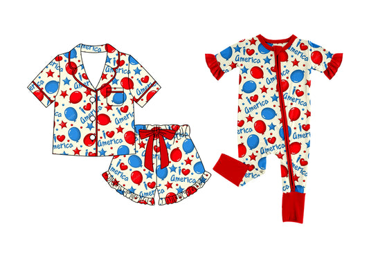 3.3 Custom moq 5 mix size Sibling 4th of July  Short-Sleeved Pajamas And Shorts Set Romper for Baby Girls Comfortable Sleepwear