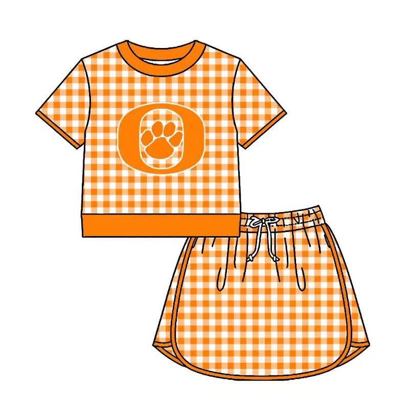 Custom moq 5 mix size milk silk summer teams Baby Girls Orange Plaid Short Sleeve Top Skirt Two Piece Set