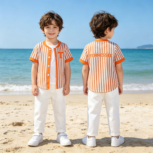 RTS NO MOQ BT1747 Baby Boys Orange Striped Team Button Tee Tops