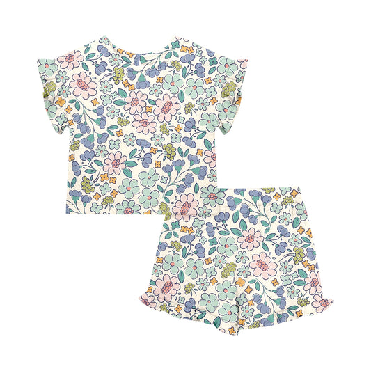Custom moq 5 mix size Baby Girl's Floral Print Short-Sleeved Top And Shorts Set Cute Outfit