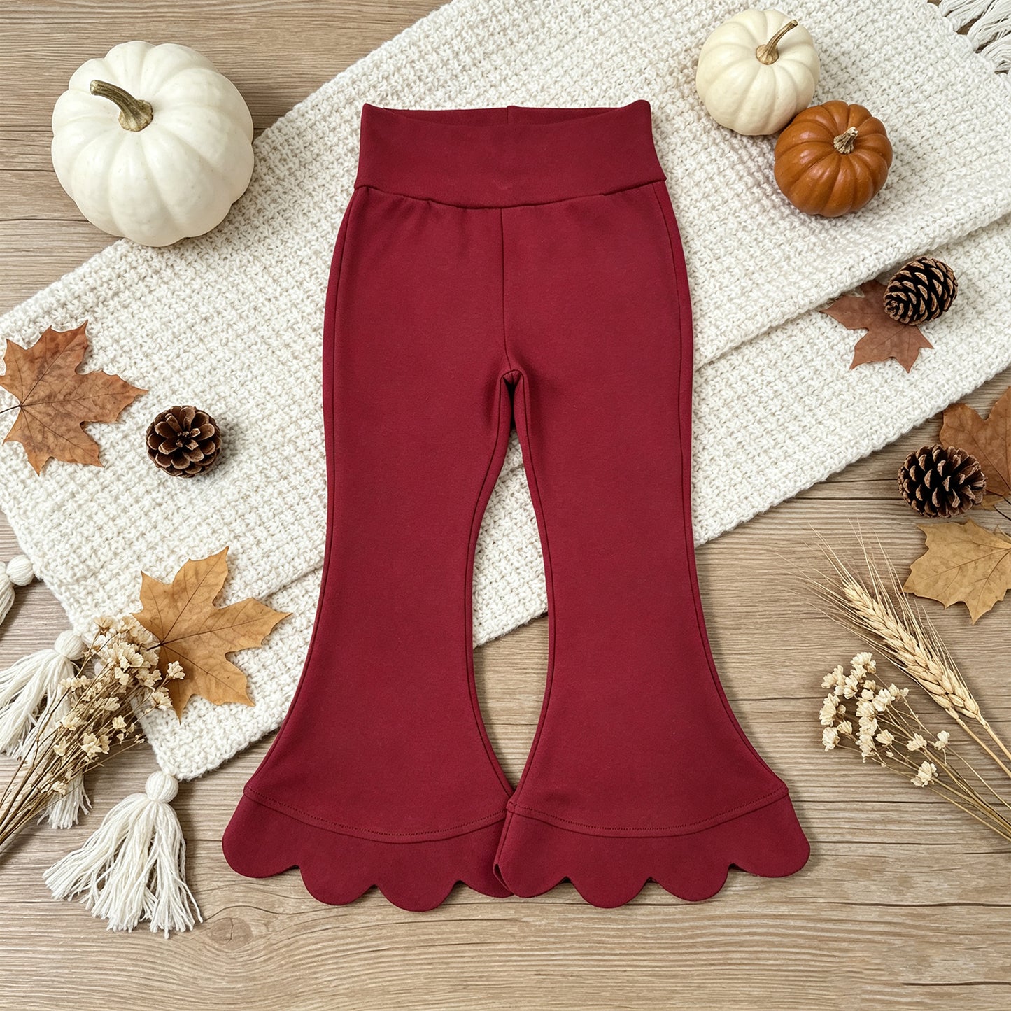 NEW RTS NO MOQ cotton P1082 Baby Girls Maroon Scallop Bell Bottom Pants Spring Fall Casual Trousers Bottom