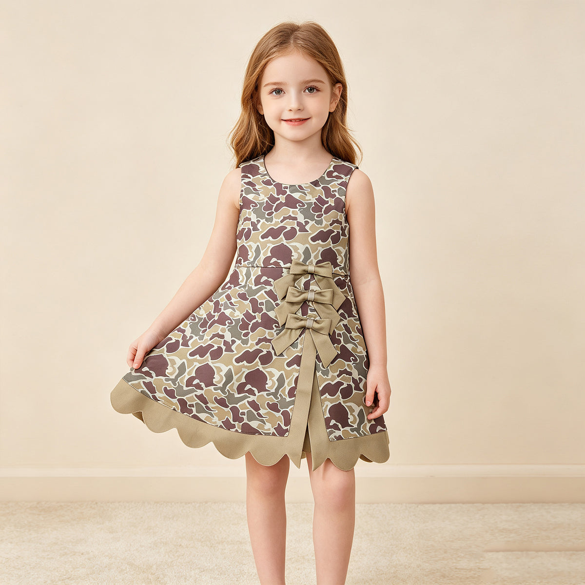 NEW RTS NO MOQ yoga fabric GSD4228 Yoga Baby Girls Khaki Camo Print Bow Scallop Knee Length Yoga Skort Dress