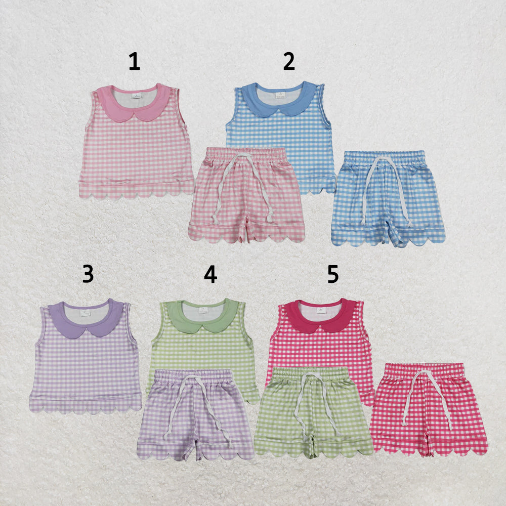 RTS NO MOQ Sibling milk silk Baby Girls Sleeveless Plaid Collar Scallop Two Piece Set