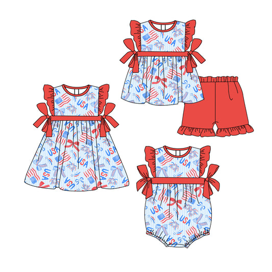 3.27 custom each style moq 5eta 4-6week Sibling Sisters USA flag baby girl short sleeve shorts sets and dress and rompers match family design