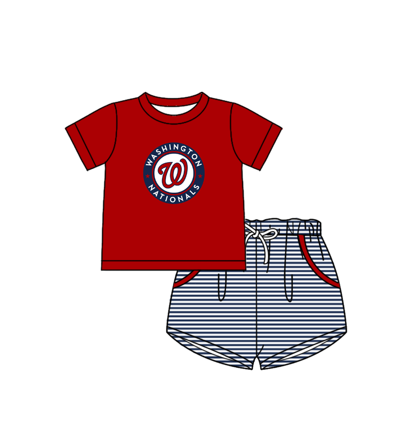 Custom moq 5 mix size milk silk summer teams Baby Boys And Girls Red Short-Sleeved Shirt And Shorts Set Matching Striped Rompers Outfit Set