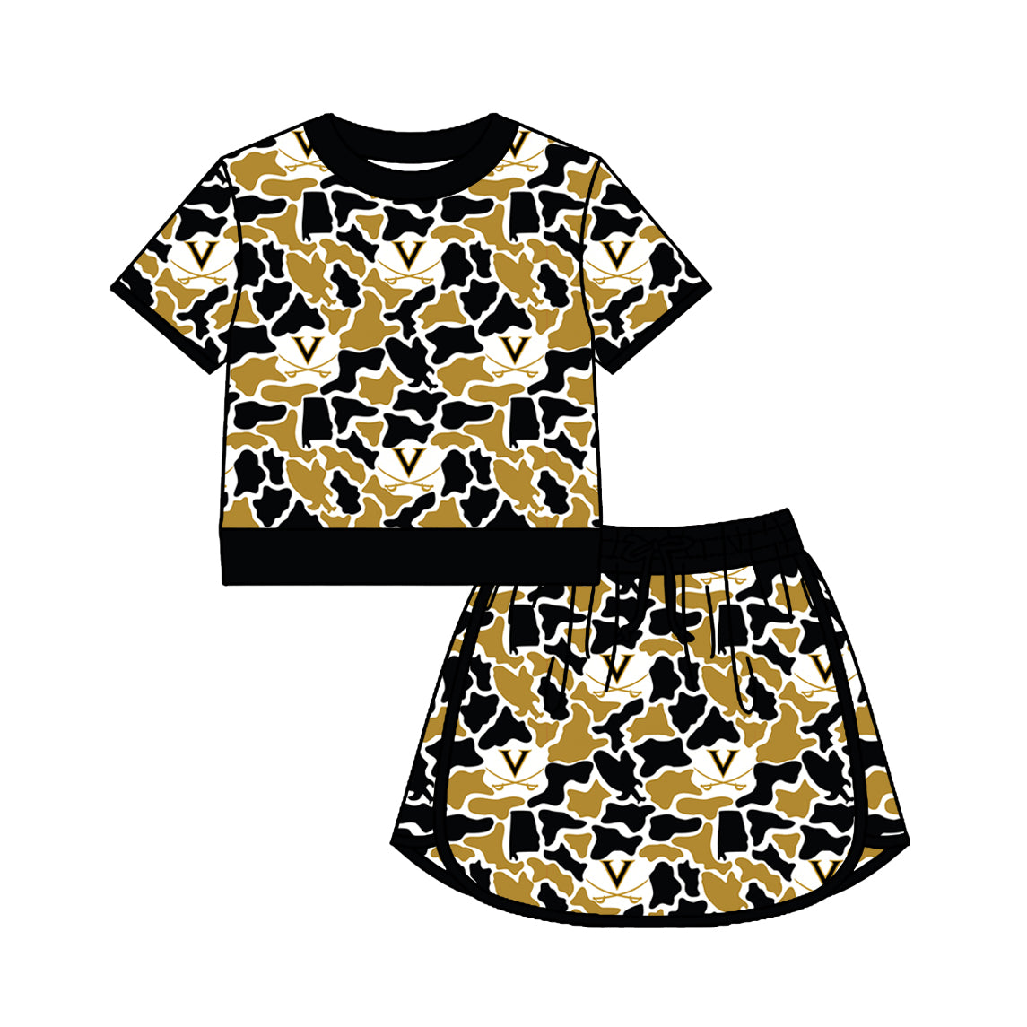 Custom moq 5 mix size summer teams Baby Girls Summer Casual Camouflage Short Sleeve Top And Skirt Outfit