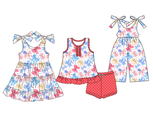 3.15 custom each style moq 5eta 4-6week Sibling Sister bow baby girl short sleeve shorts sets and dresses and jumpsuit match design