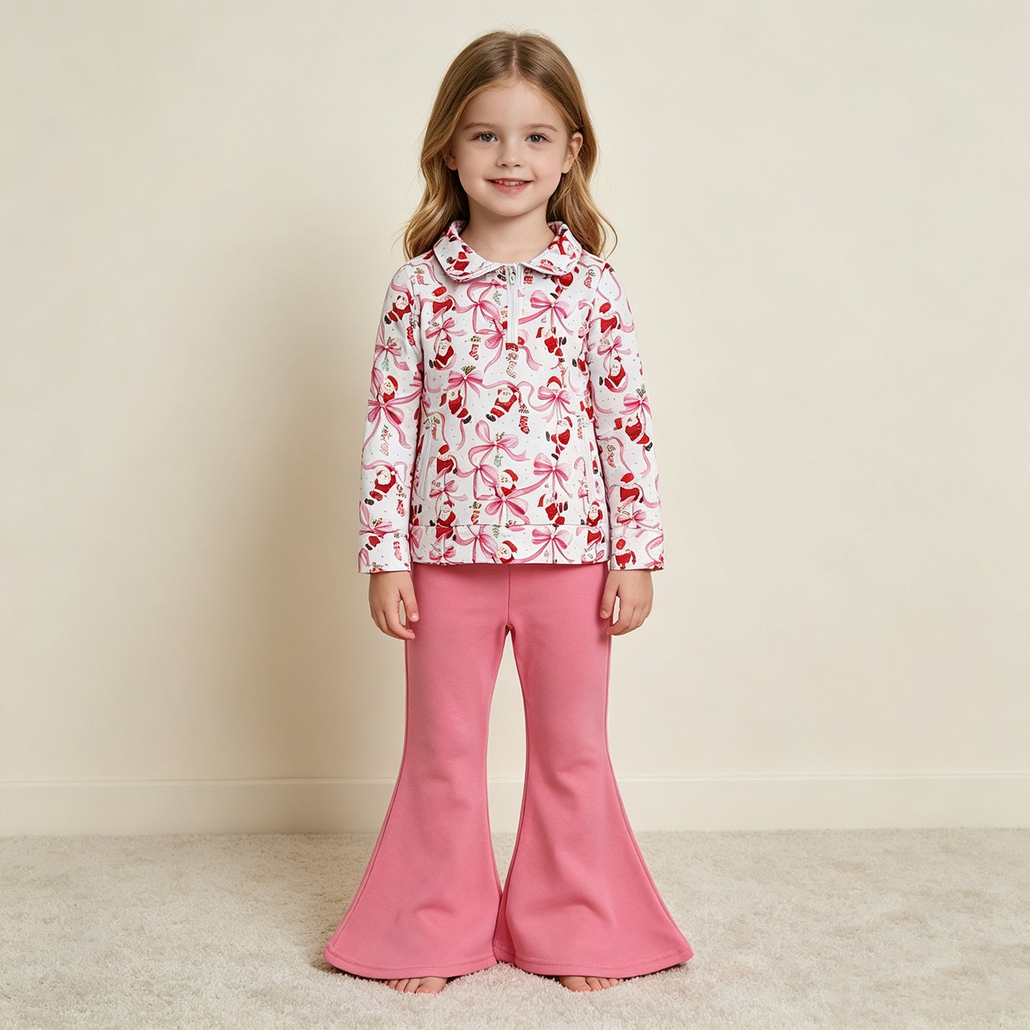 NEW RTS NO MOQ milk silk GLP3508 Baby Girls Bows Santa Zip Pockets Pullovers Flare Pant Christmas Set
