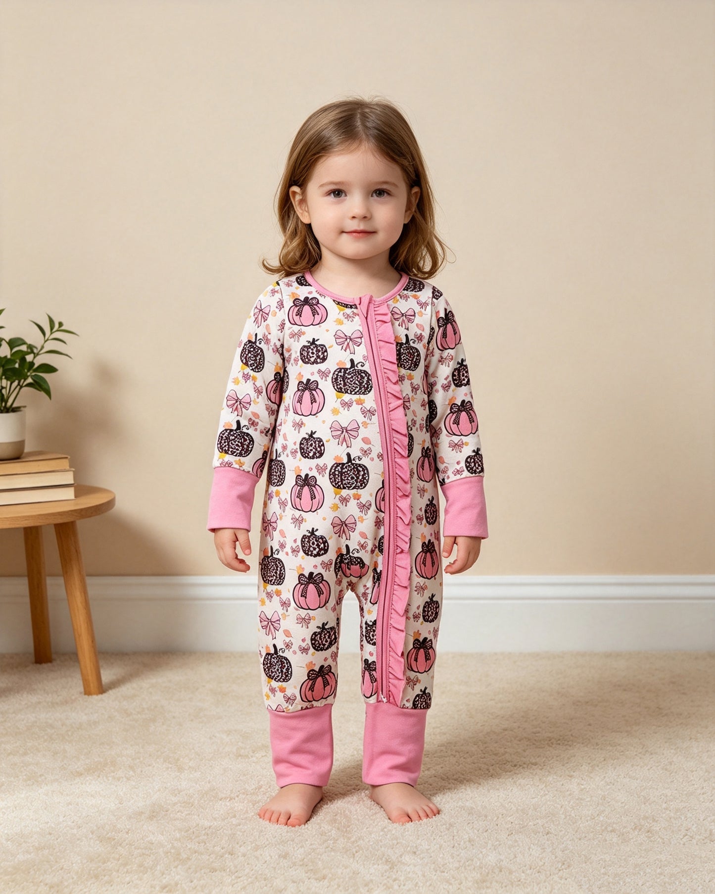 NEW RTS NO MOQ milk silk LR3061 Baby Girls Pink Bow Leopard Pumpkin Print Long Sleeve Zip Romper
