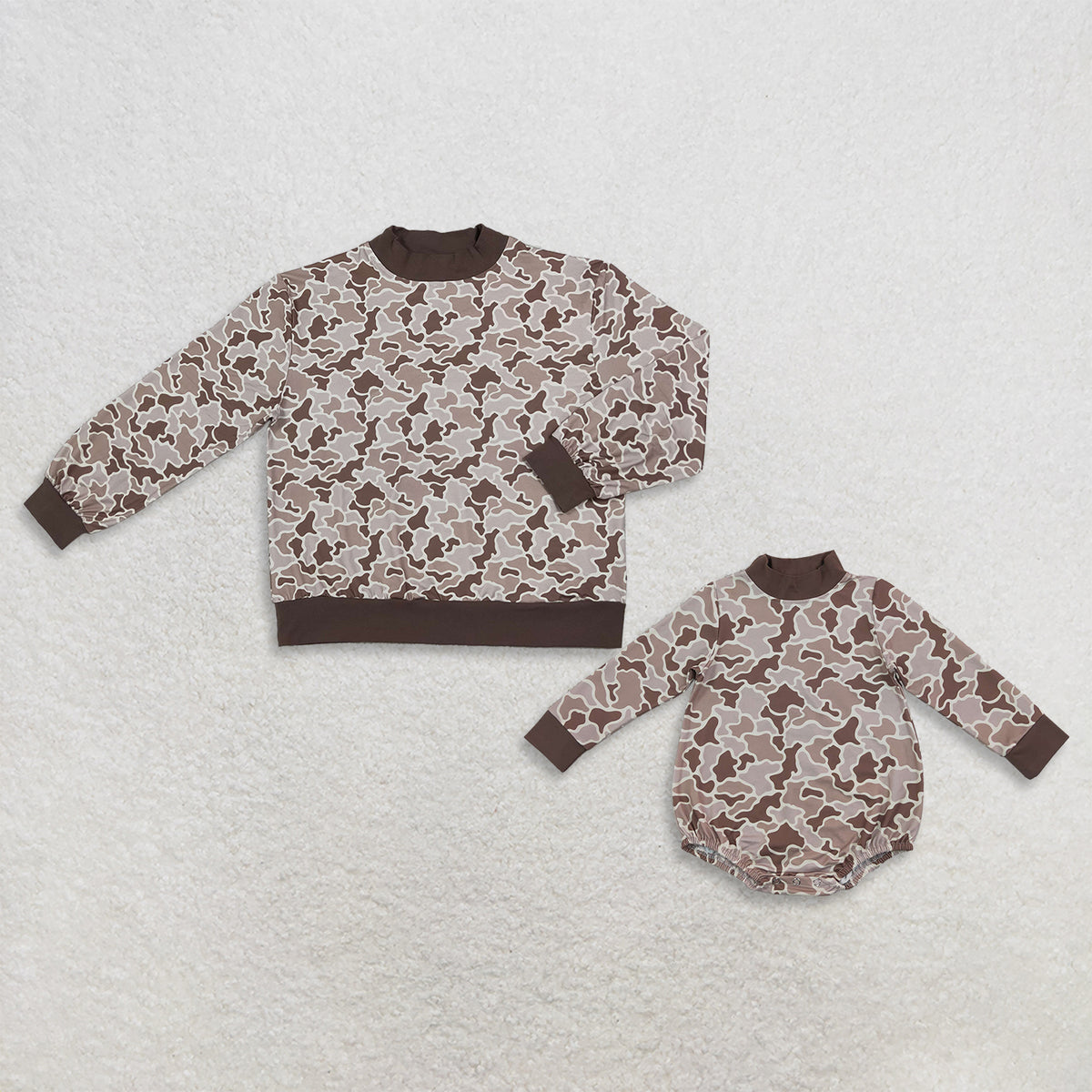 RTS NO MOQ Sibling milk silk Adult To Match Kids High Neck Brown Camo Print Long Sleeve Top And Baby Bubble Romper