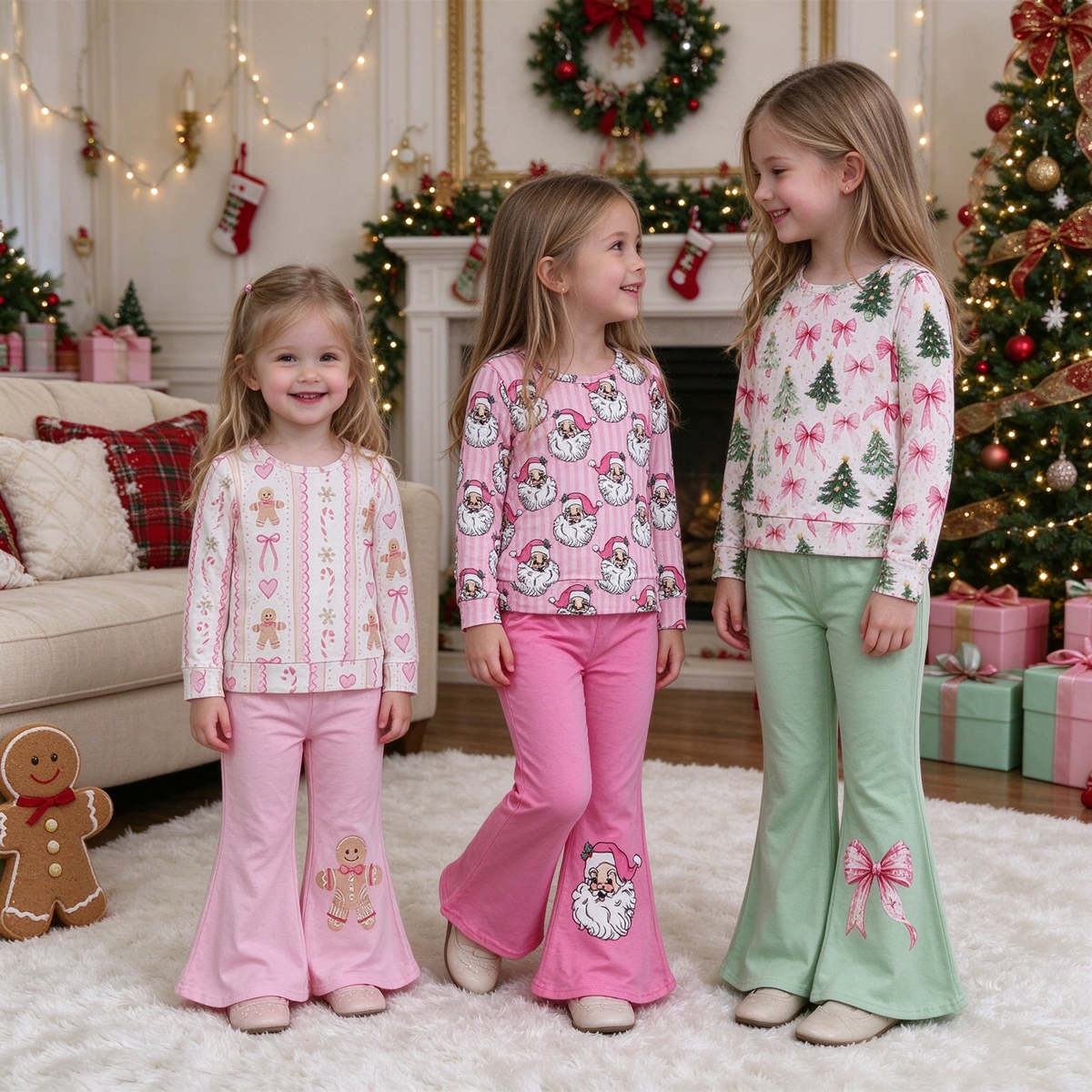 RTS NO MOQ Sibling milk silk Baby Girls Casual Pink Stripe Santa Long Sleeve Top Flare Pant Christmas Clothes Sets