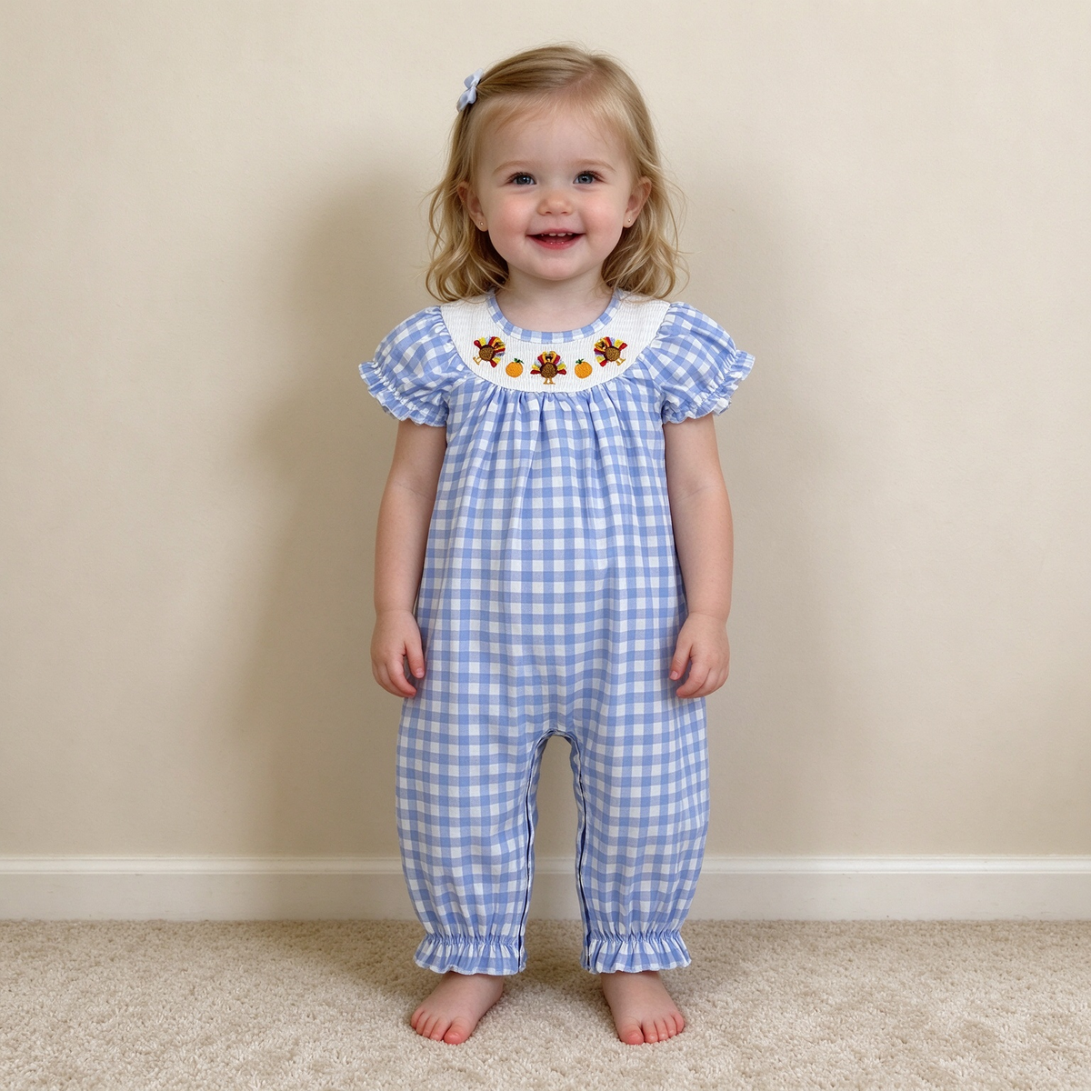 NEW RTS NO MOQ milk silk SR4276 Smocked Baby Girls Short Sleeve Turkey Pumpkins Thanksgiving Print Checked Rompers