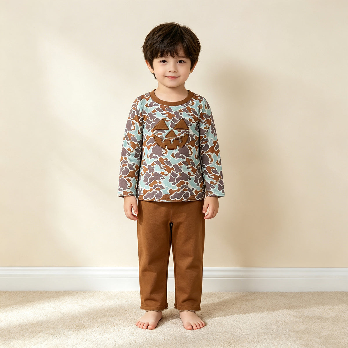 NEW RTS NO MOQ milk silk BLP1193 Baby Boys Western Brown Camo Ghost Pumpkin Crew Neck Long Sleeve Tee Pants Casual Clothes Set