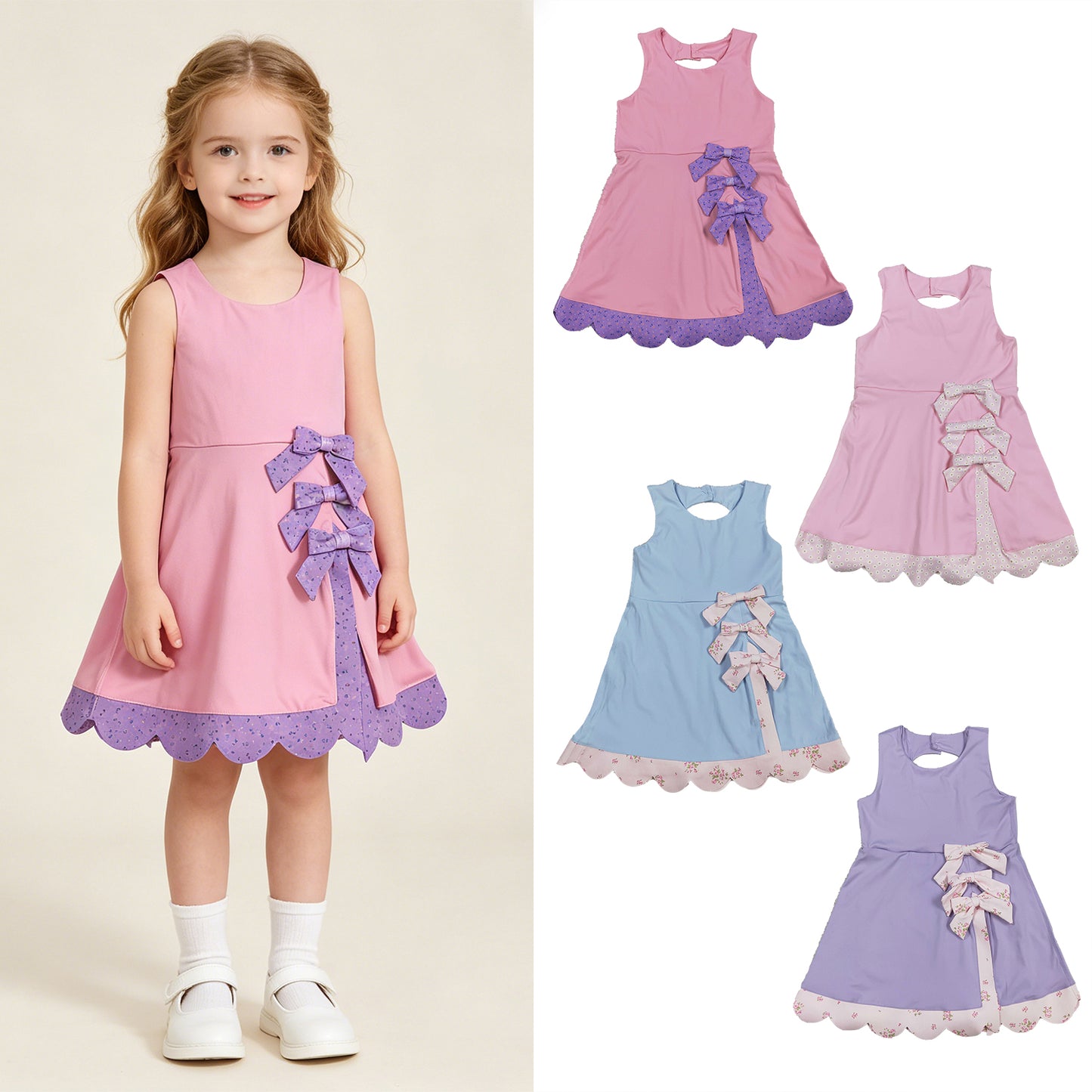 RTS NO MOQ Sibling yoga fabric Baby Girls Sleeveless Bow Scallop Trim Yoga Knee Length Dresses