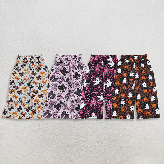 RTS NO MOQ Sibling milk silk Baby Kids Halloween Flare Pants Bow Bat Ghost Pumpkin Leopard Bell Bottom Trousers