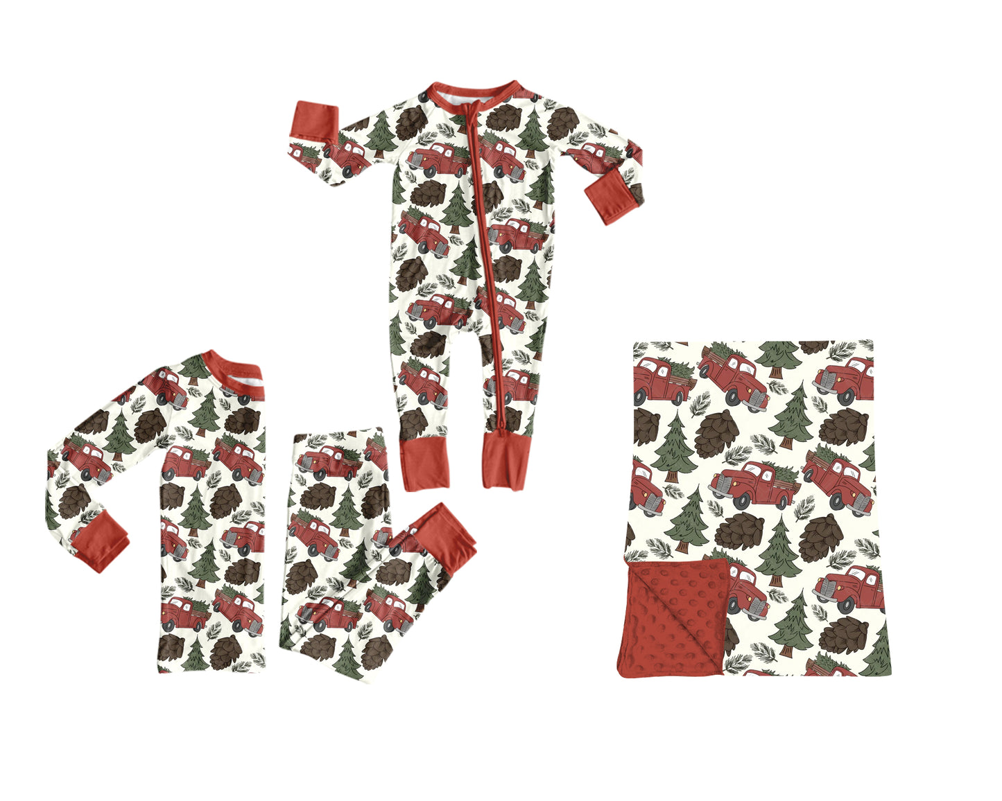 (Preorder new) No moq Boys Red Truck Christmas Tree Pine Cone Print Long Sleeve Matching Pajamas Set Romper Blankets