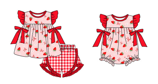 3.25 custom each style moq 5eta 4-6week Sibling Sister strawberry bow baby boy short sleeve shorts sets and romper match design