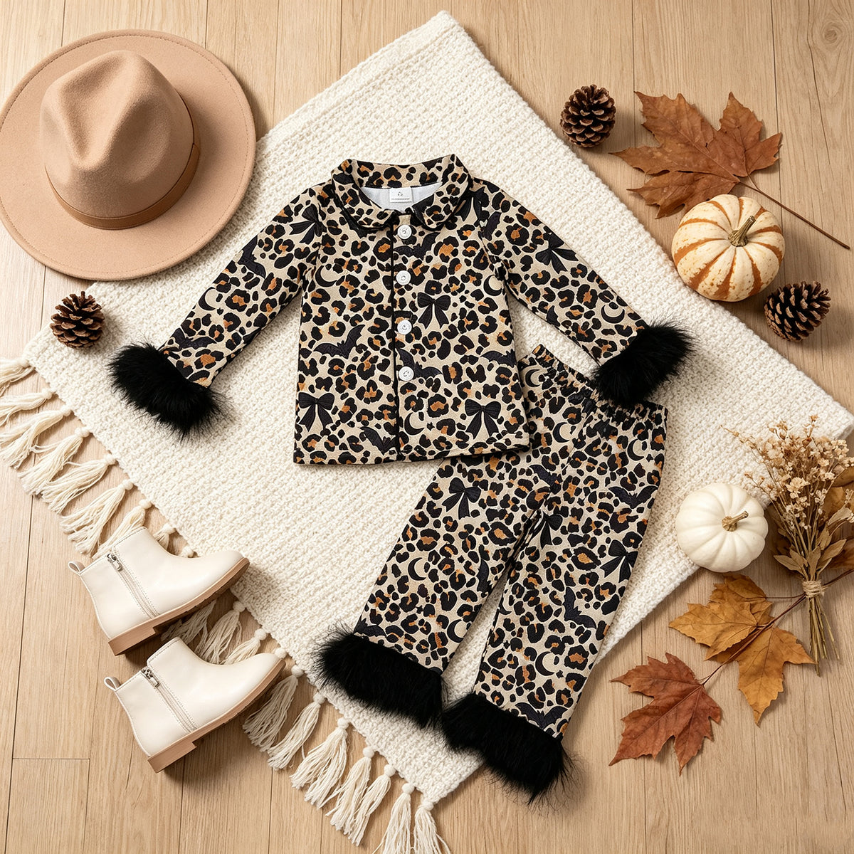 (SaNEW RTS NO MOQ milk silk GLP3640 Baby Girls Leopard Bats Button Top Pant Fur Sleeves Halloween Pajamas Holiday Set