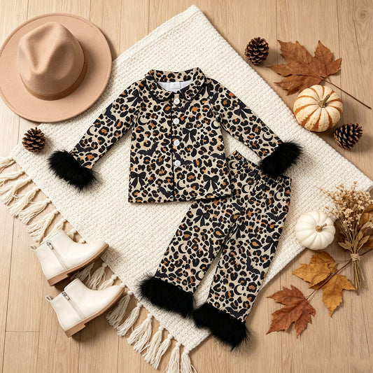 (SaNEW RTS NO MOQ milk silk GLP3640 Baby Girls Leopard Bats Button Top Pant Fur Sleeves Halloween Pajamas Holiday Set