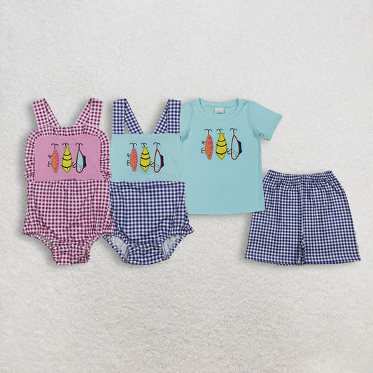 RTS NO MOQ sibling baby girls boys clothes embroidery fishing short sleeve Clothes Sets and rompers