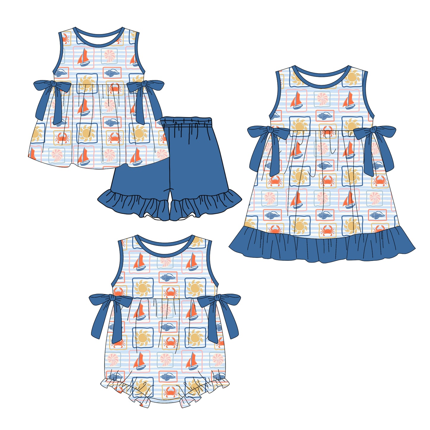 4.10 Custom moq 5 mix size Sibling Baby Girl's Stripe Sleeveless Tunic Ruffle Shorts Set Cute Romper Dress for Summer