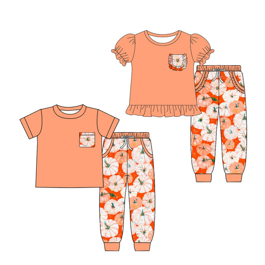 4.26 custom each style moq 5eta 4-6week Sibling Sister pumpkin baby boy pants sets 1 and sets 2 match family design