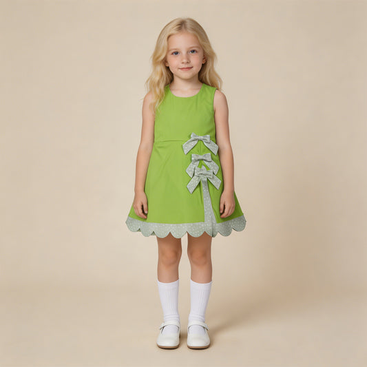 RTS NO MOQ yoga fabric GSD3316 Baby Girls Light Green Sleeveless Bow Scallop Edge Yoga Knee Dress